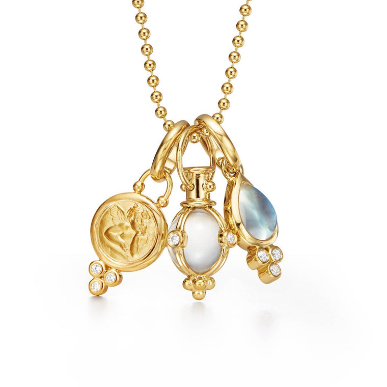 18k Yellow Gold 3 Charm (angel, Amulet & Moonstone) Necklace & Chain