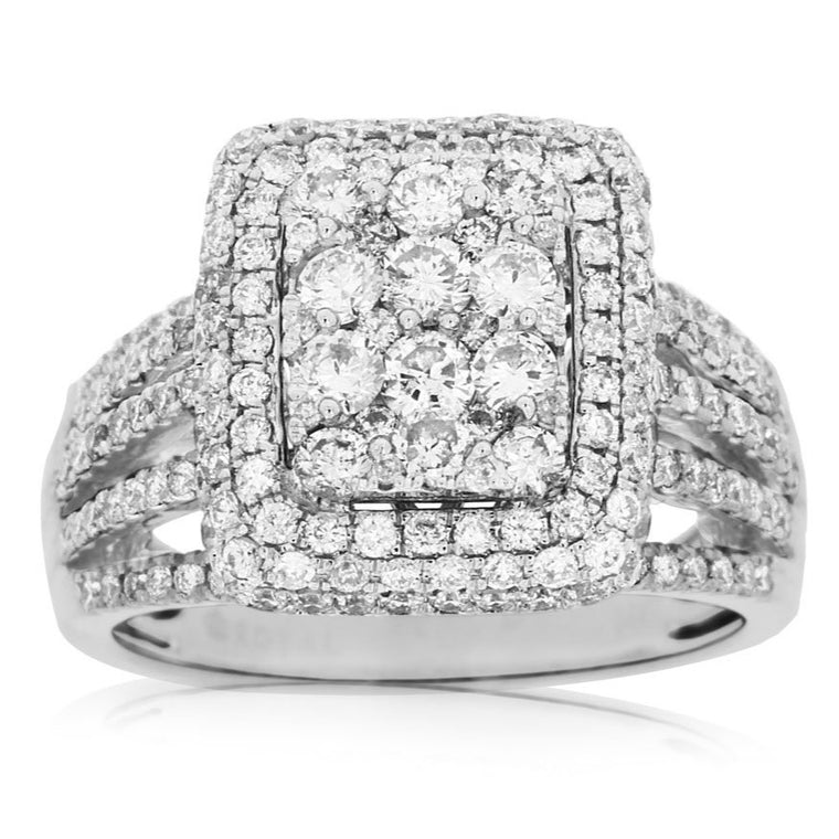 14k White Gold Diamond Cluster Ring With Diamond Halo & Diamond Shank (1.85ct)