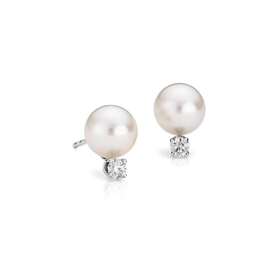 a14k White Gold 10.5-11mm White Pearl & Diamond Stud Earrings