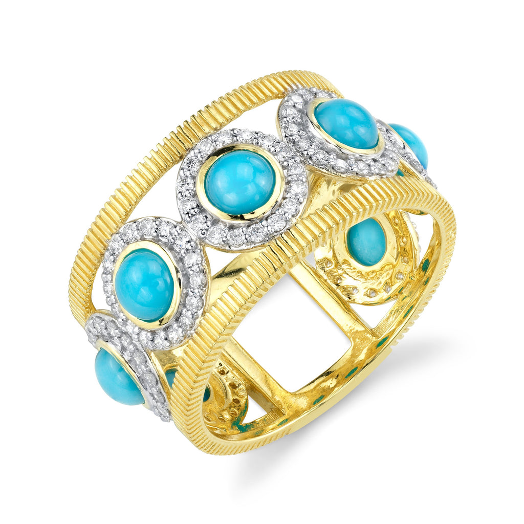 18k Yellow Gold Round Turquoise (1.42ct) & Diamond (.56ct) Ring