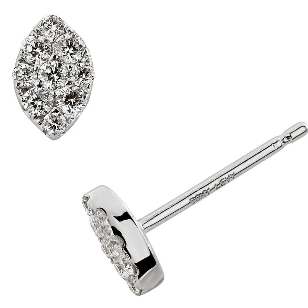 14k White Gold Small Pave Diamond Marque Shape Stud Earrings