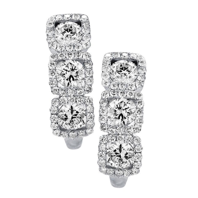 18k White Round Gold Diamond 3 Station Halo Hoop Earrings (1.42cts)