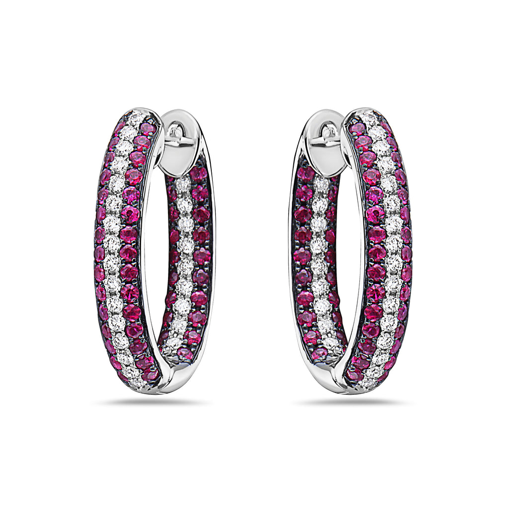 18k White Gold Diamond (.47ct) & Ruby (1.20ct) In-Out Hoop Earrings