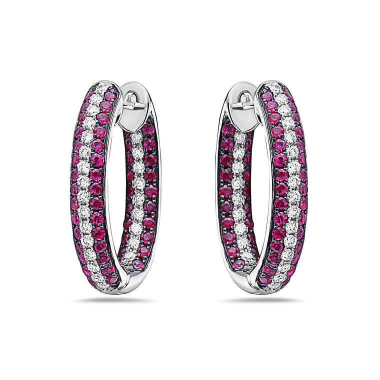 18k White Gold Diamond (.47ct) & Ruby (1.20ct) In-Out Hoop Earrings