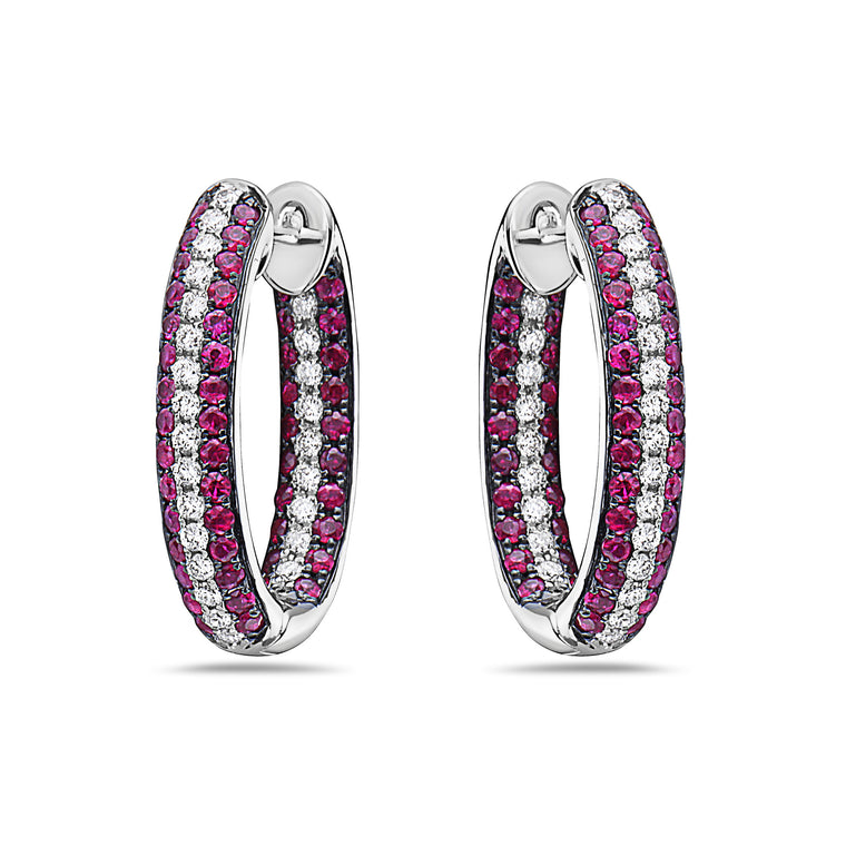 18k White Gold Diamond (.47ct) & Ruby (1.20ct) In-Out Hoop Earrings