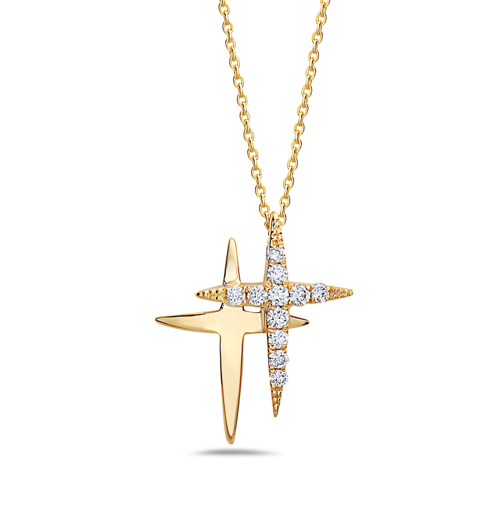 Afa01031 - 18k Yellow Gold Diamond Double Cross Pendant Necklace