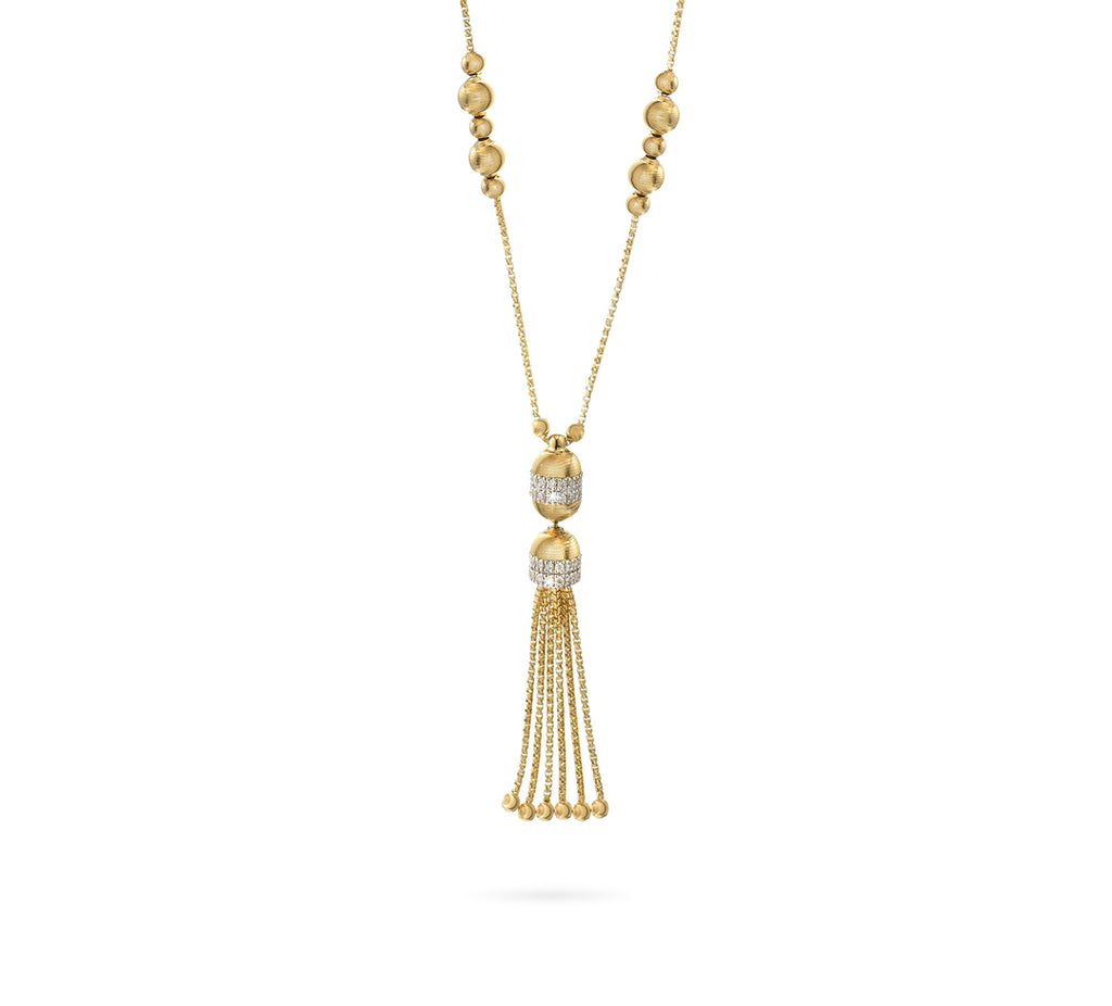 18k Yellow Gold Empire Bead & Diamond Tassel Long Necklace