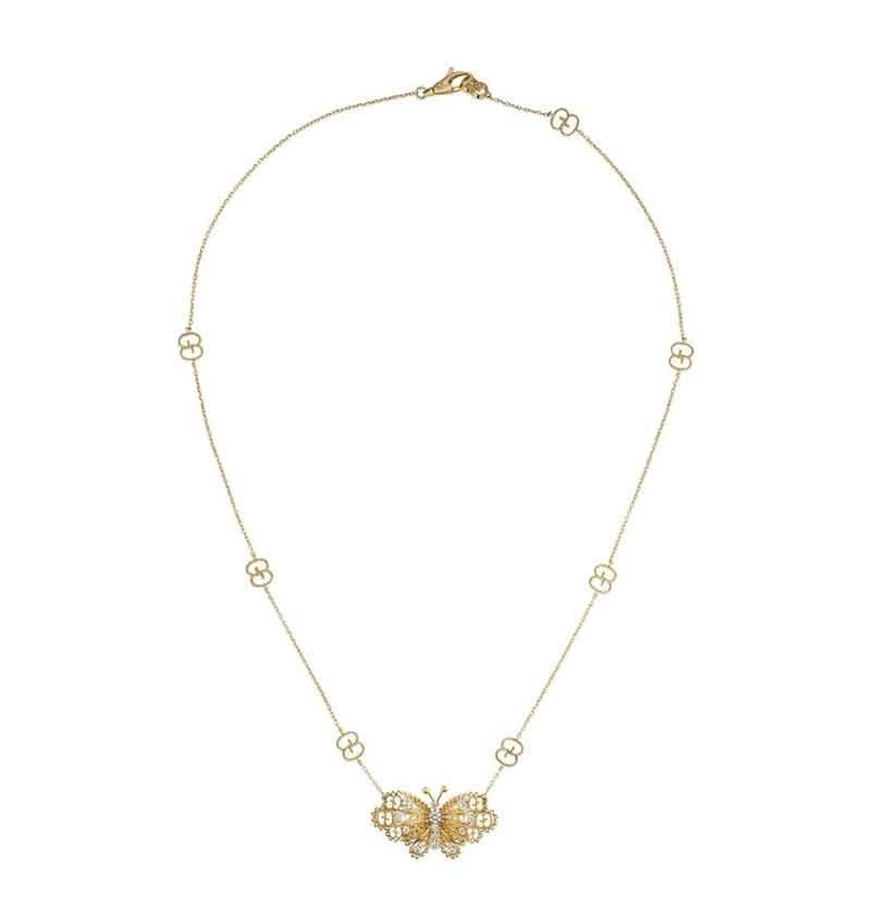 18K Yellow Gold .26ct Diamond Butterfly & GG Motif Necklace