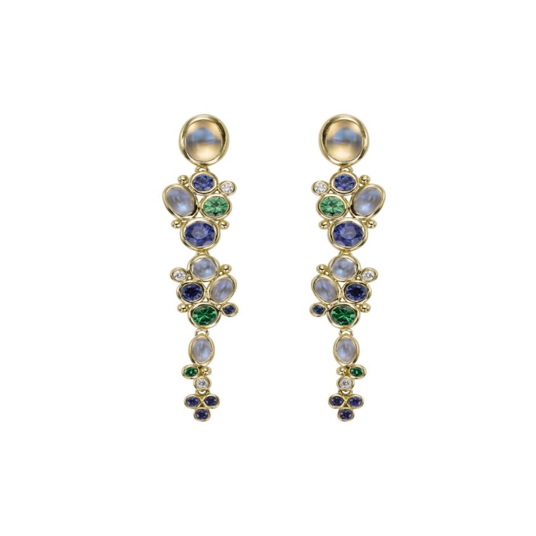 18k Yellow Gold Mare Blue Sapphire, Tsavorite, Blue Moonstone & Diamond Drop earrings Earrings