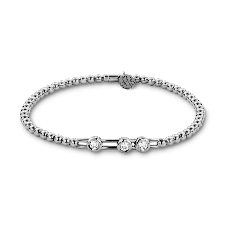 18k White Gold Stretch Bracelet With 3 Station Sliding Diamonds (.91ct G Vs)