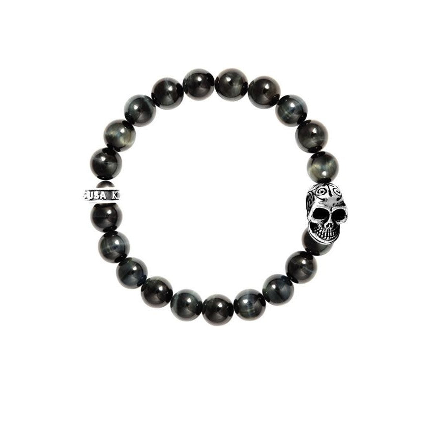 KIN01031 - 10MM BLUE TIGER EYE W/ DAY OF THE DEAD BRAC