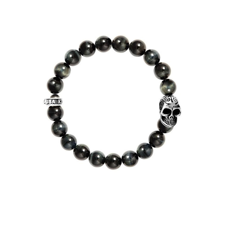 Blue Tiger Eye 10MM Day of the Dead Bracelet (King Baby)