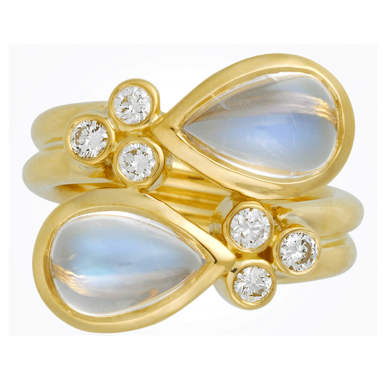 18k Yellow Gold Diamond & Single Royal Blue Moonstone Mummmy Ring