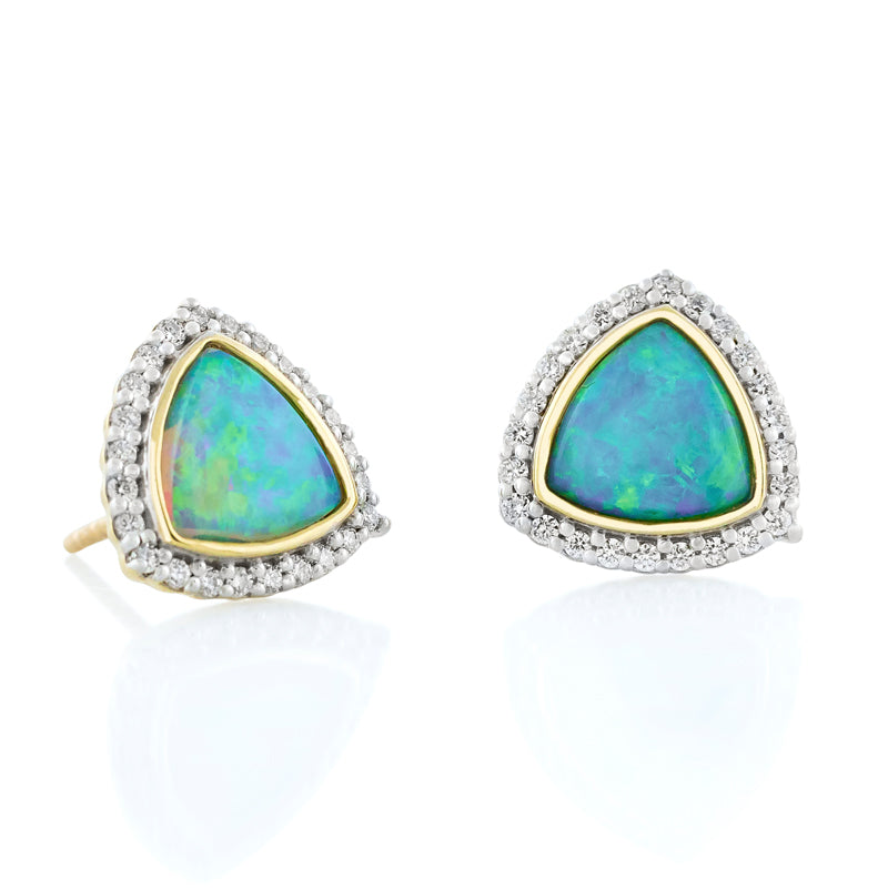 18k Yellow Gold Trillion Opal & Diamond Halo Stud Earrings