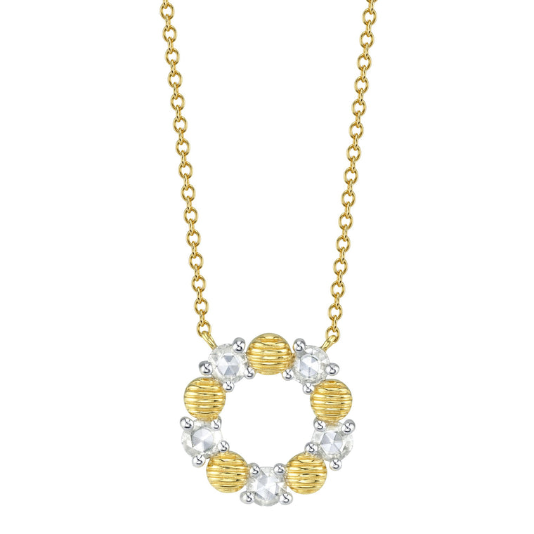 18k Yellow Gold Diamond Rose Cut & Strie Circle Pendant Necklace (.30ct)