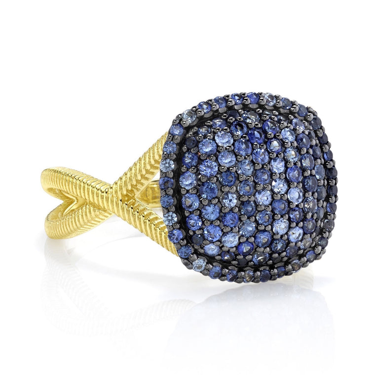 18k Yellow Gold Pave Sapphire & Strie Ring (.94ct)
