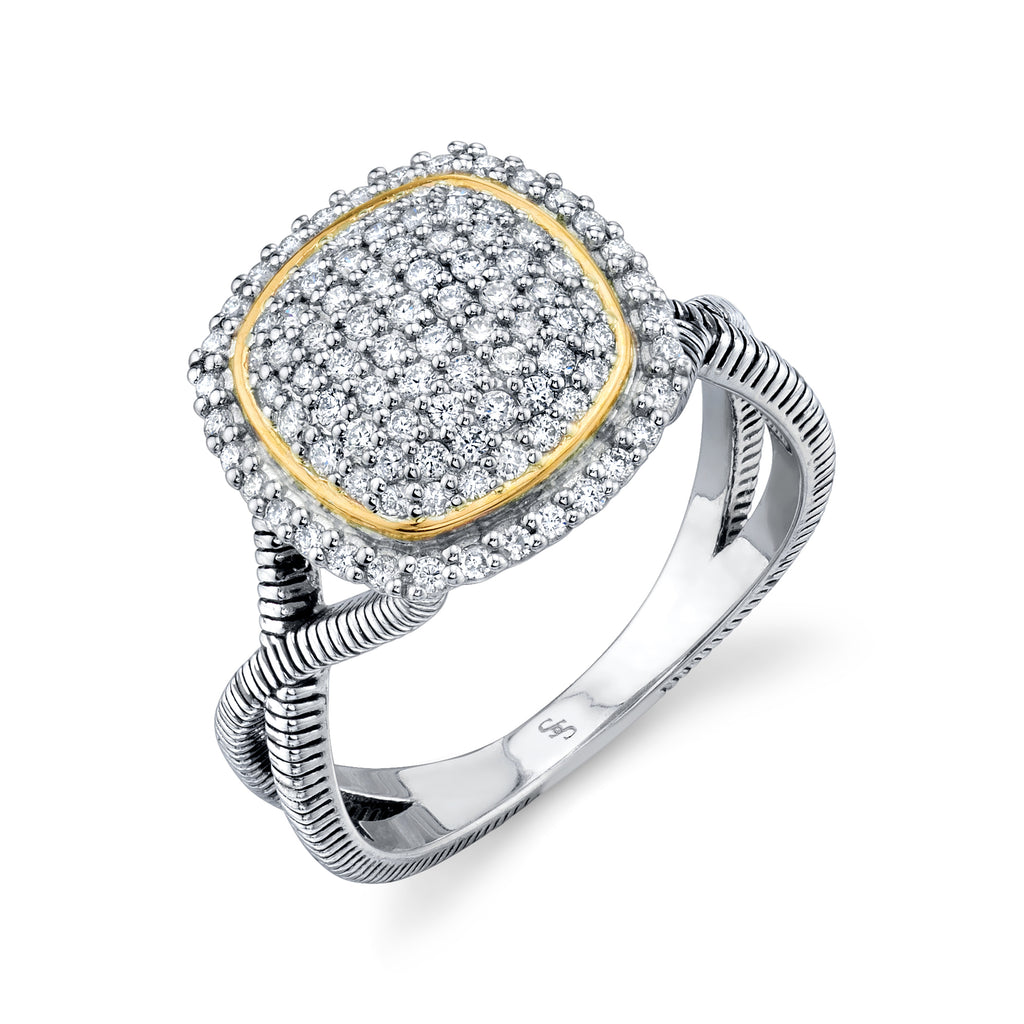 Sterling Silver & 18k Yellow Gold Pave Diamond Cushion Ring (.55ct)