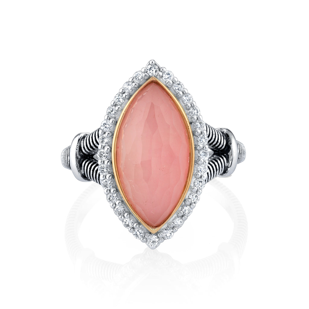 Sterling Silver Pink Marquise Opal With Diamond Halo Ring