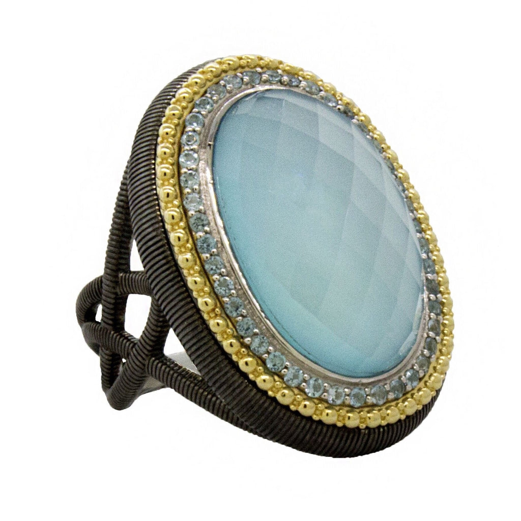 Sterling Silver Oval Aqua (13.84ct) & Swiss Blue Topaz Halo Ring