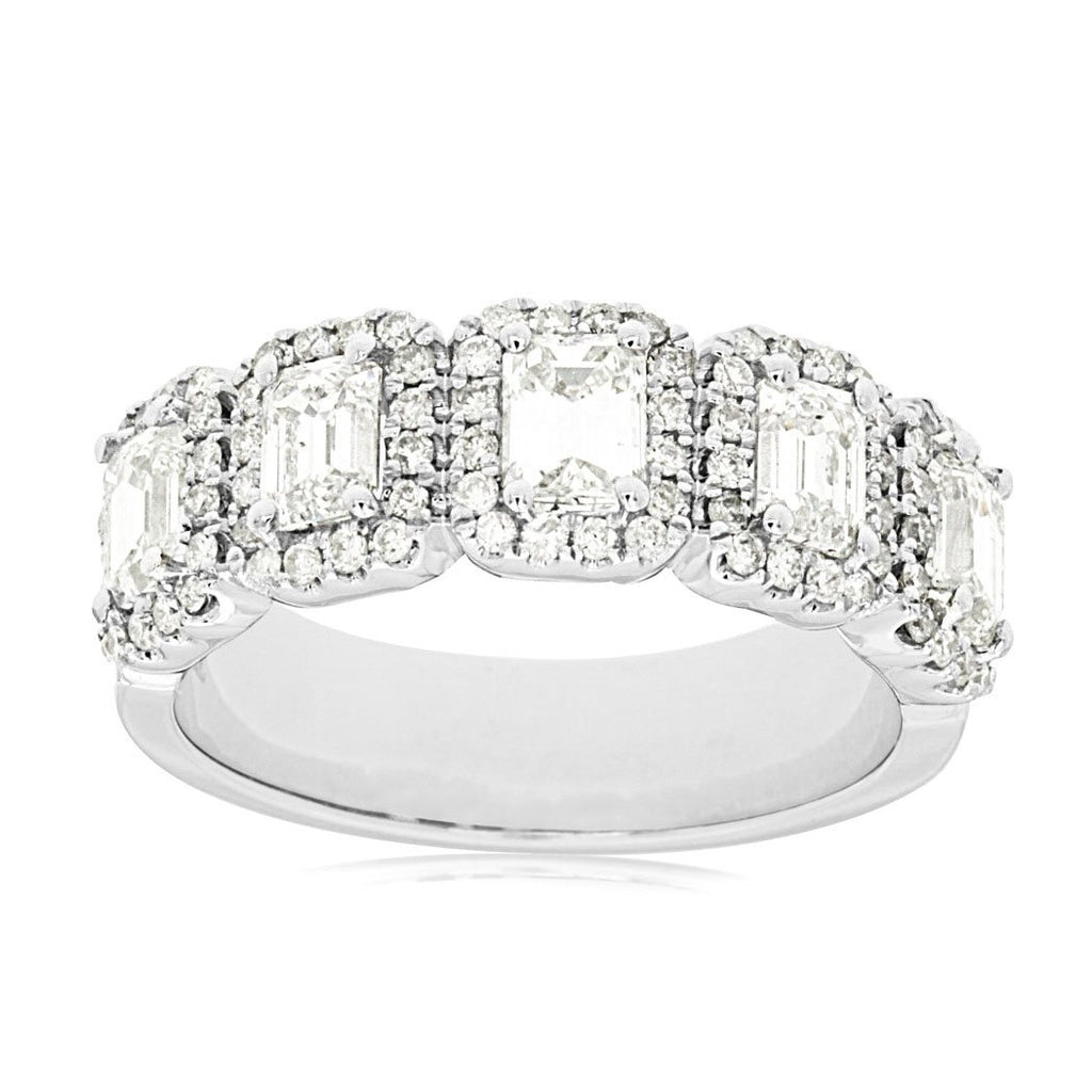 14k White Gold Emerald Cut Diamond 5 stone Ring With Diamond Halo (1.95ct)