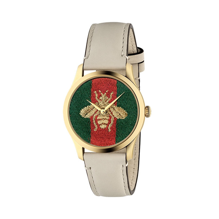 G Timeless Green/Red/Gold Bee Dial With Ivory Strap