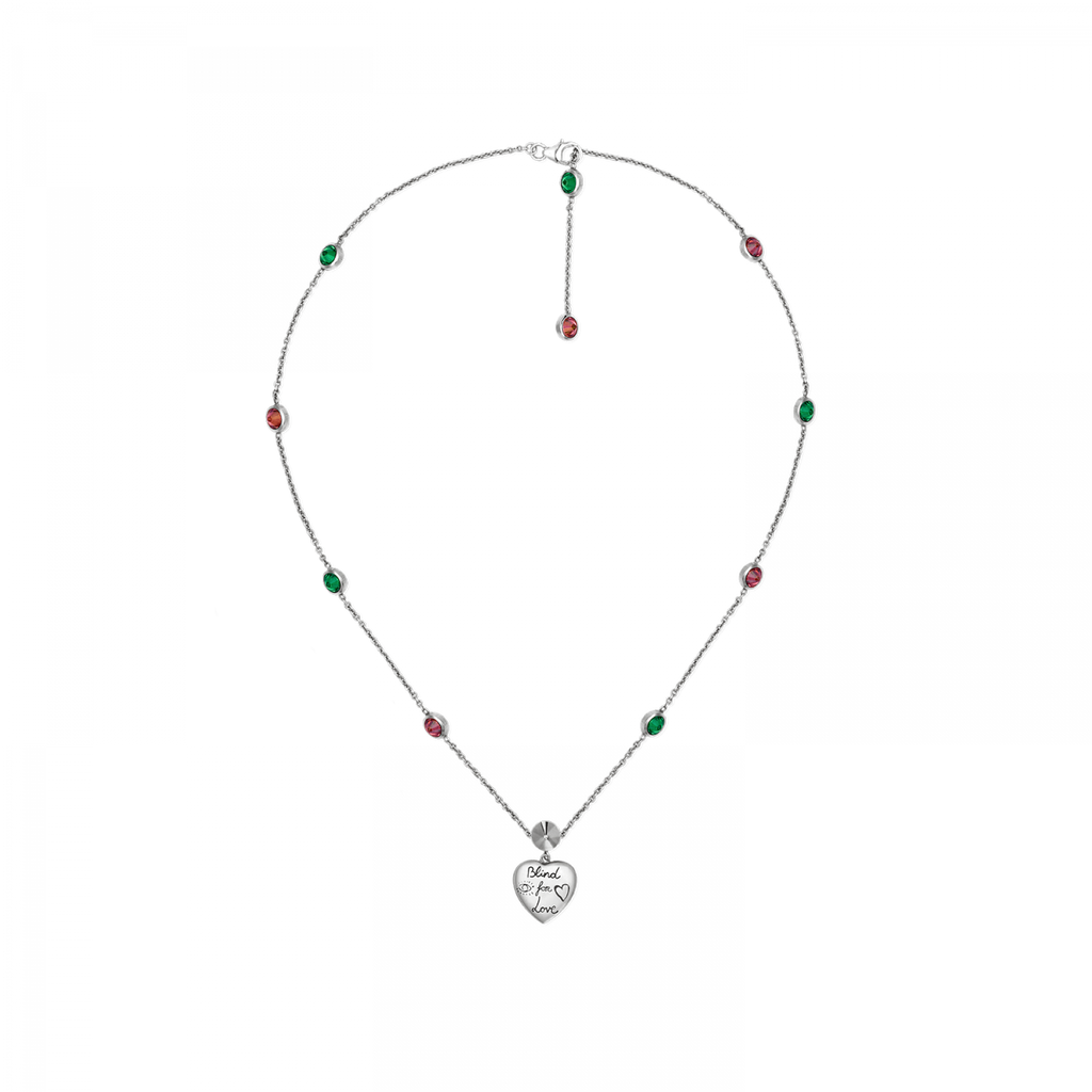 Blind For Love Heart Necklace With Green & Pink Cz (sterling Silver)