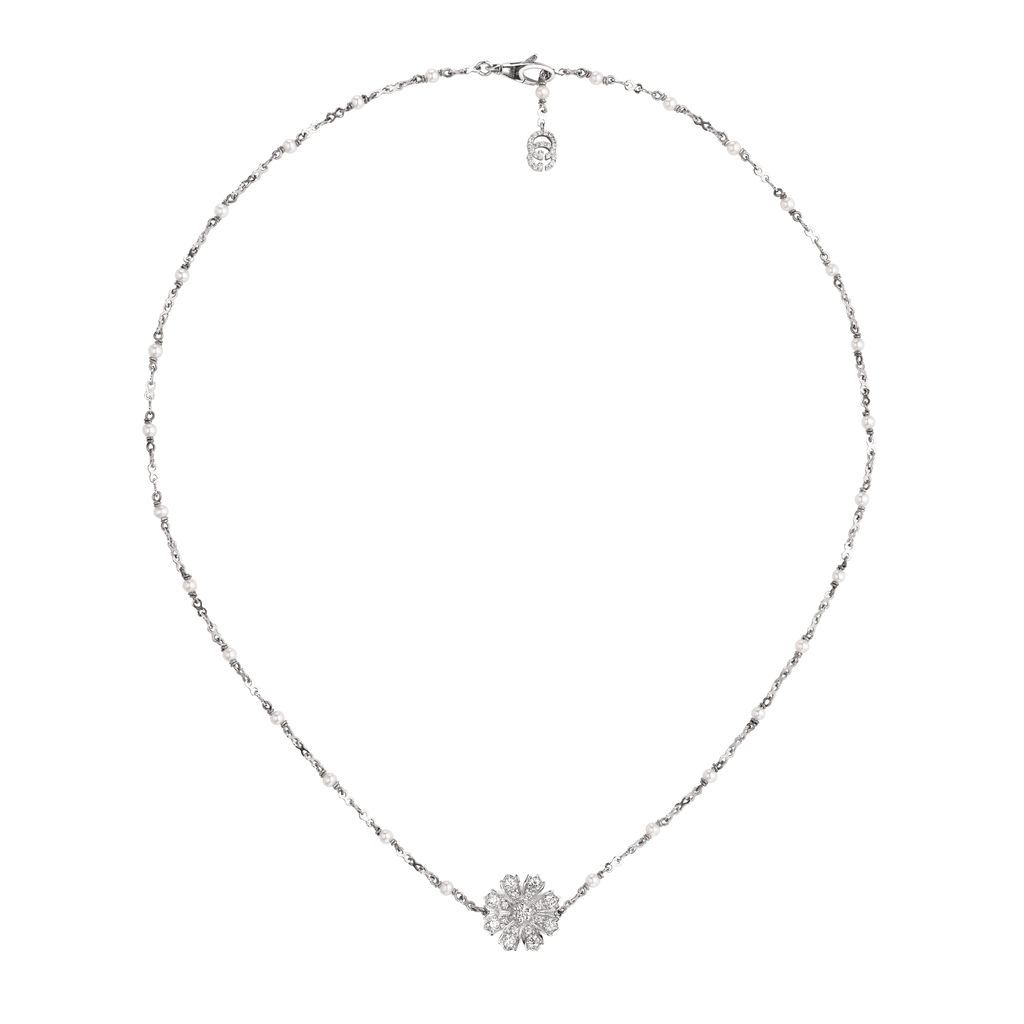 Diamond & Pearl Flora Flower Necklace .49ct  (18k White Gold)