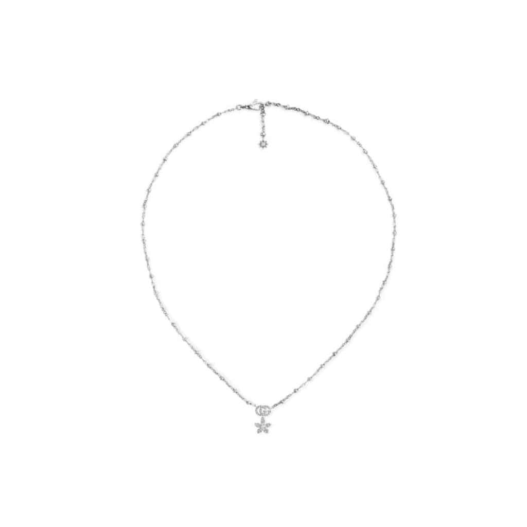 Diamond Flora Flower & GG Drop Necklace (18k White Gold)