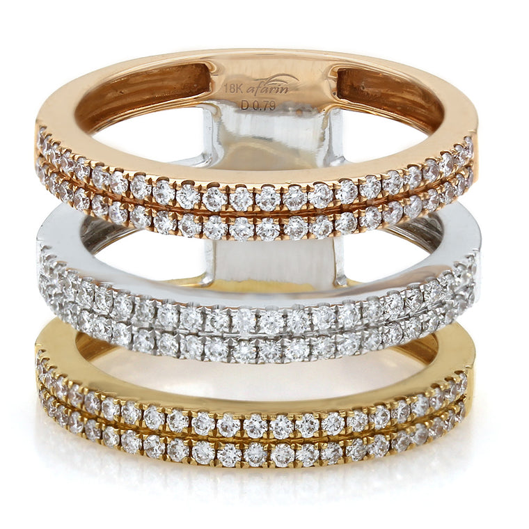 18k Gold Tri Colored Diamond 3 Row Ring (.79ct)