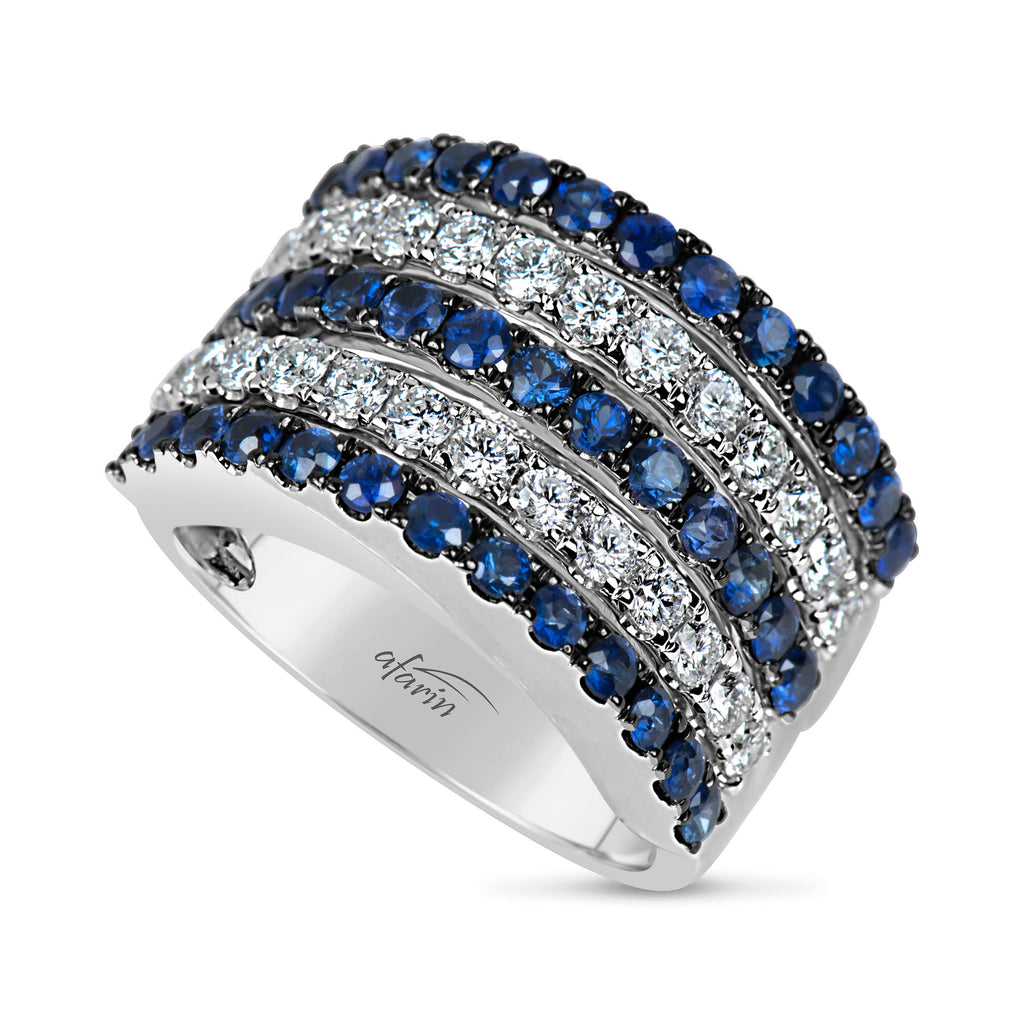 18k White Gold Diamond (.86ct) & Sapphire (1.77ct) 5 Row Ring