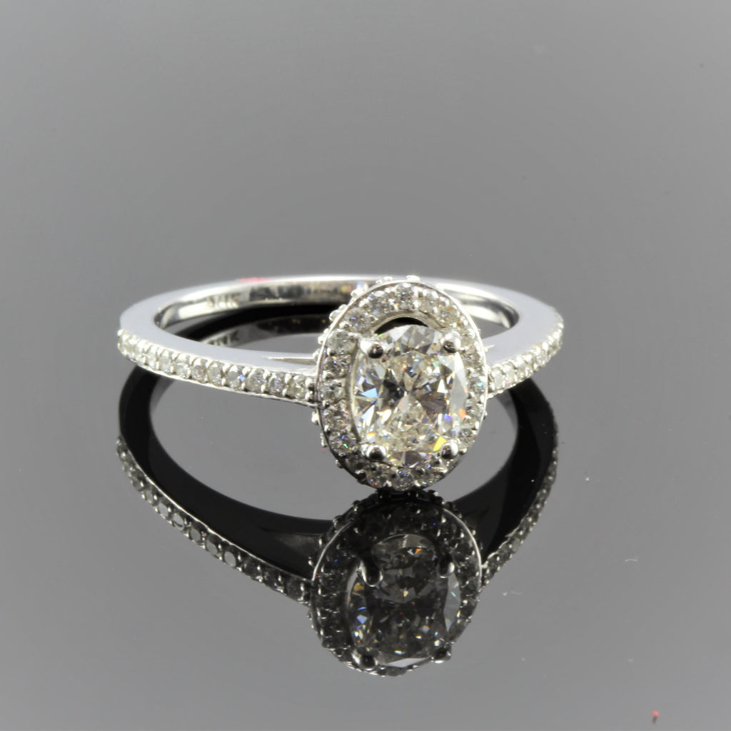 14k White Gold Oval Diamond With Diamond Halo and Diamond Shank Engagement Ring (.75ct)