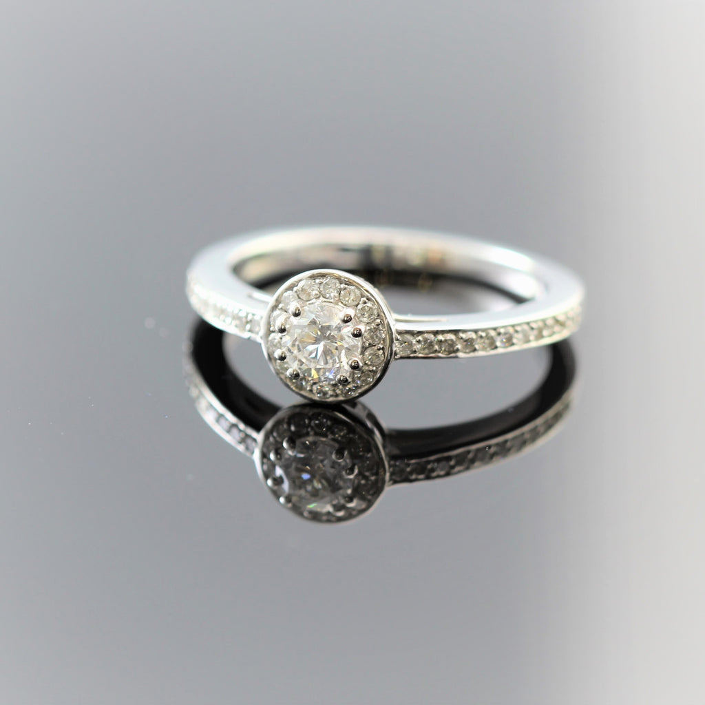 14k White Gold Round Diamond With Diamond Halo and Diamond Shank Engagement Ring (.20ct)
