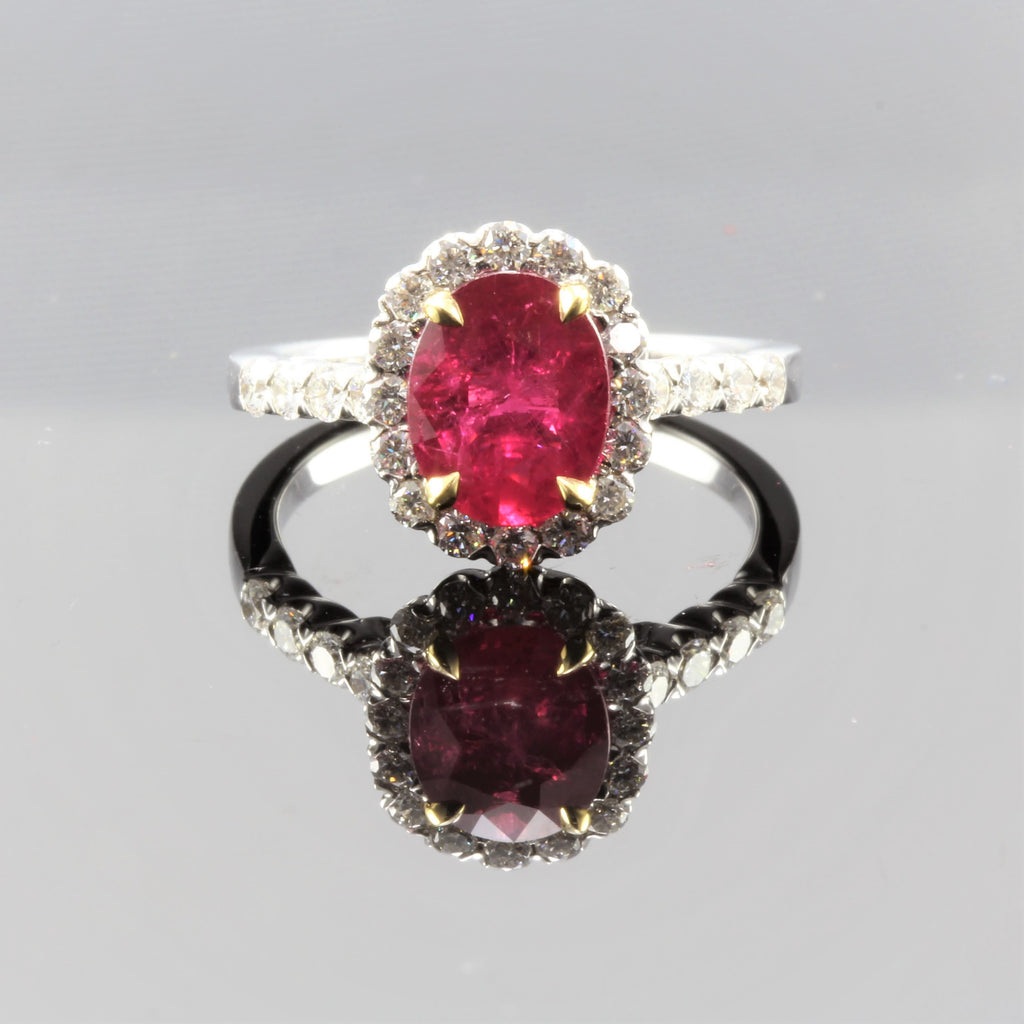 18k Whtite Gold Oval Ruby (2cts) With Diamond (2.71cts) Halo Ring