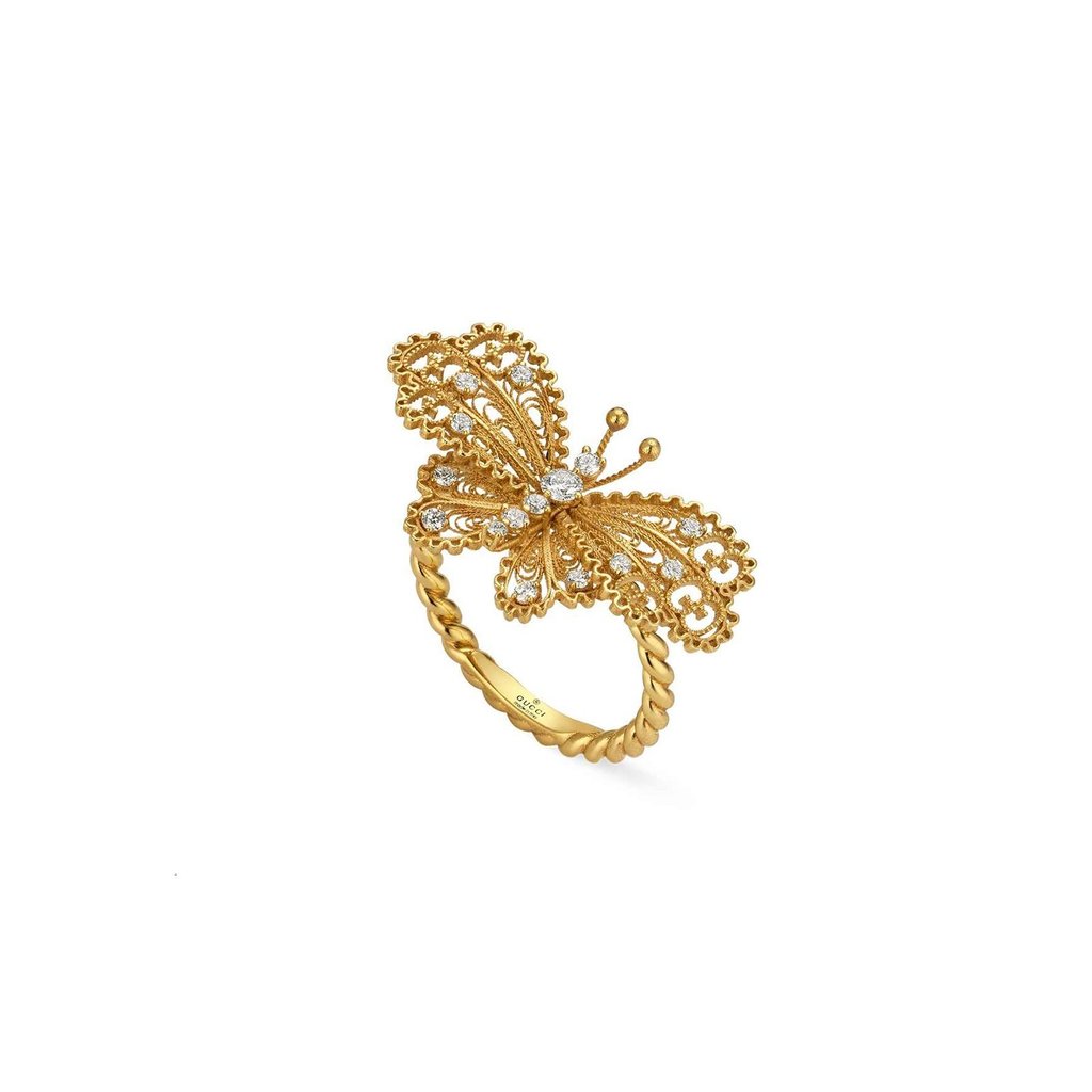 18K Yellow Gold .26CT Diamond Butterfly & GG Motif Ring Size 7.50