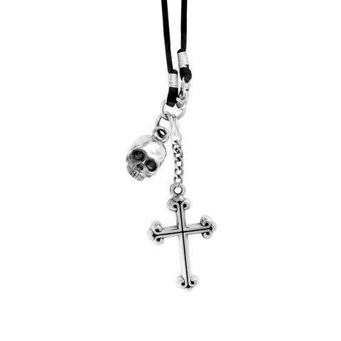 Sterling Silver Skull With Cross Braided Black  Leather Cord (King Baby)