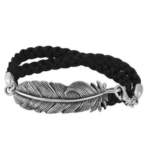 Sterling Silver Raven Feather Double Wrap Black Leather Bracelet (King Baby)
