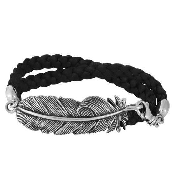 KIN01051 - DOUBLE WRAP LEATHER BRACELET W/RAVEN FEATHER