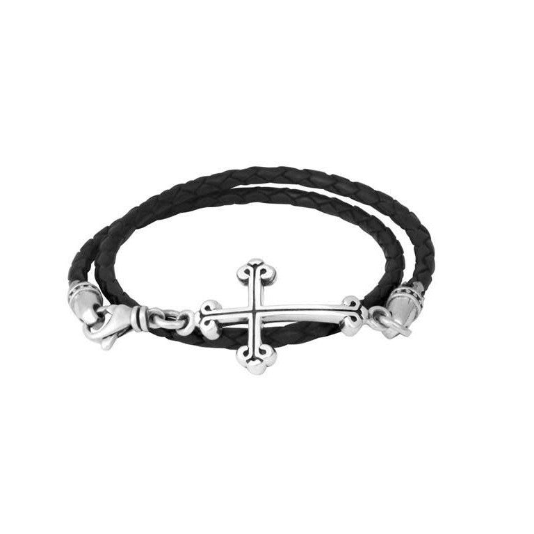 King Baby Braided Leather Cross Bracelet in Silver/Black